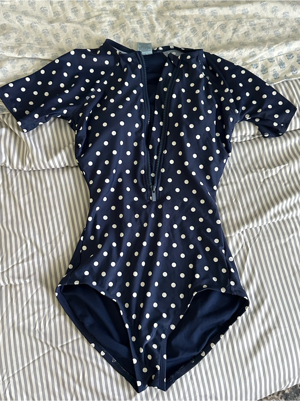 Shade & Shore Navy and White Polka Dot Short Sleeve One-Piece Swimsuit fullcover